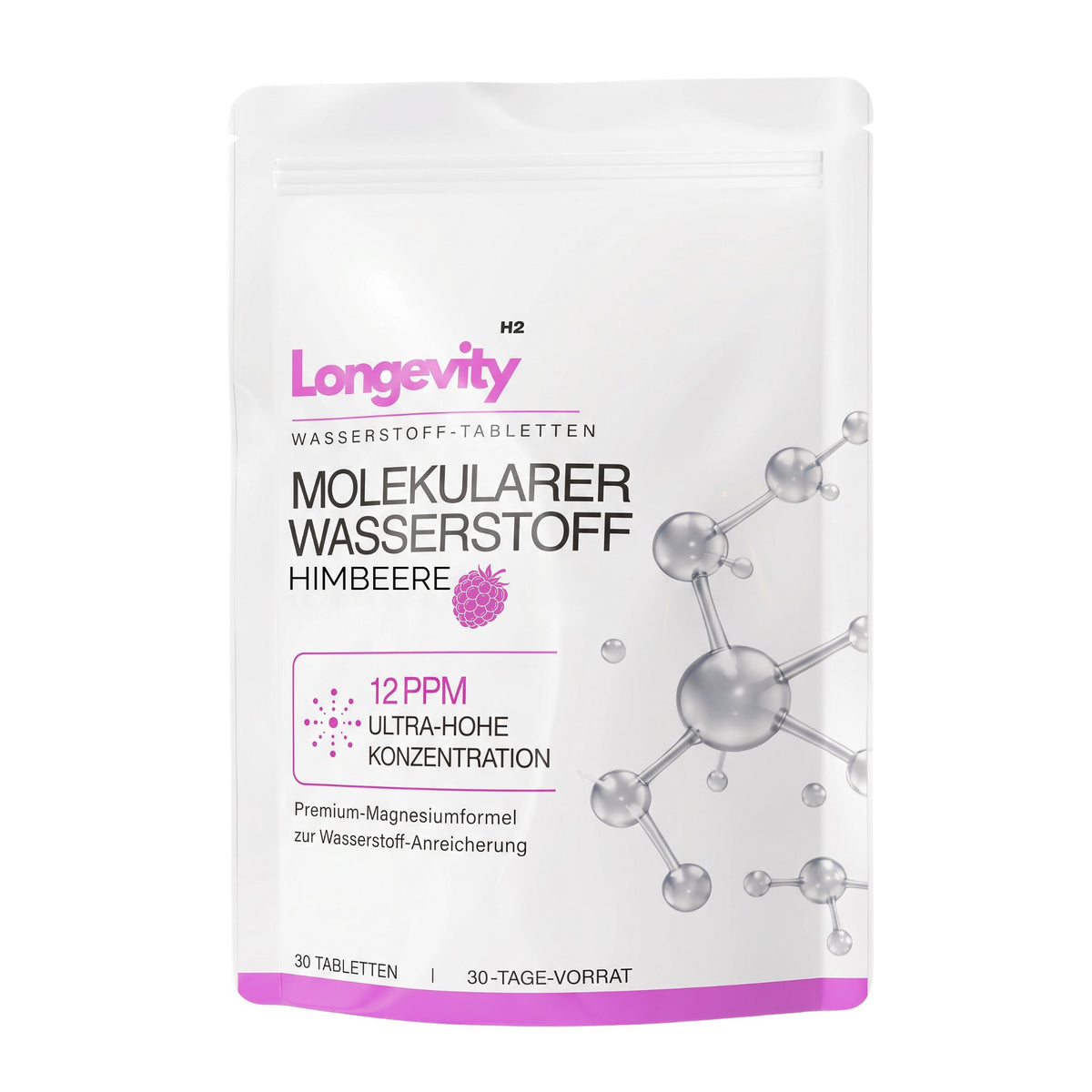 H2 Longevity molekularer Wasserstoff Tabletten 12 PPM mit natürlichem Himbeergeschmack in der 30-Tage-Vorratspackung