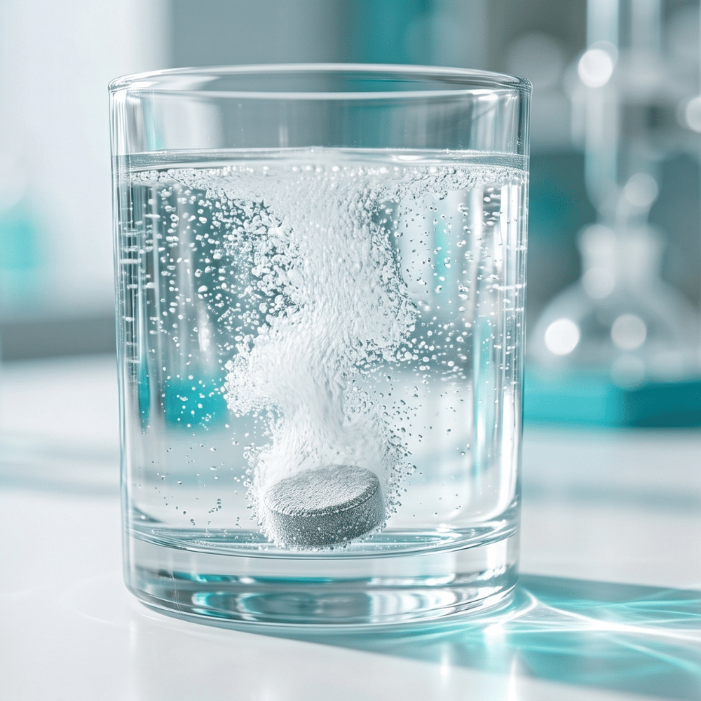 Zubereitung von Wasserstoffwasser: Auflösung einer grauen H2-Magnesiumtablette mit intensiver Nanobläschen-Reaktion im Wasserglas – Labor Deutschland